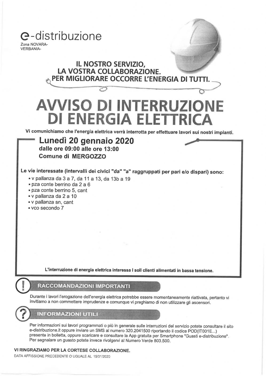 AVVISO INTERRUZIONE ENERGIA ELETTRICA _ MERGOZO 20/01/2020 - Comune di  Mergozzo